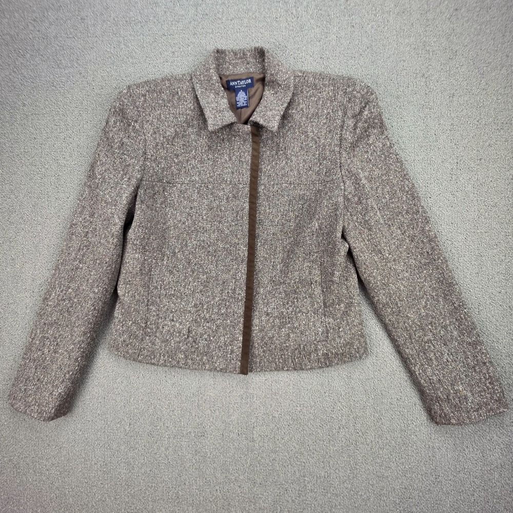 Ann Taylor Silk Wool Blend Zip Jacket Women Brown Tweed Stretch Blazer 4